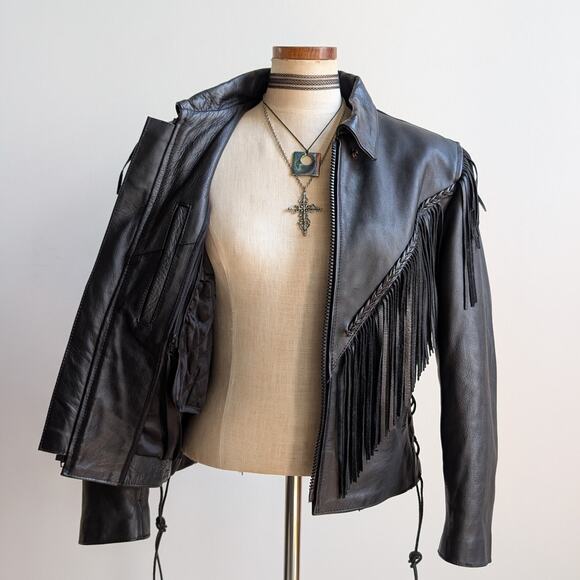 Vintage Black Leather Biker Jacket Fringe Sexy Moto Cowgirl Western Coat Small - Picture 3 of 12